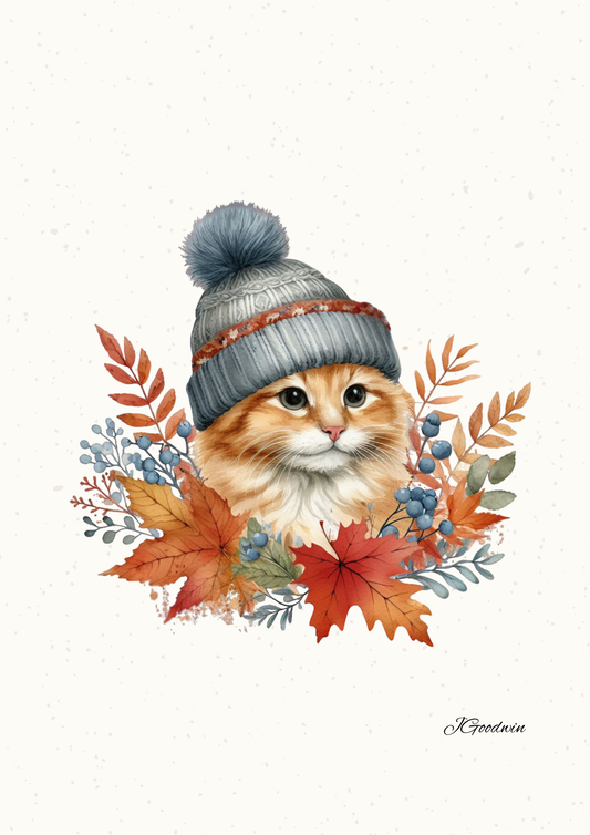 A ginger cat wearing a winter hat surrounded by autumn leaves and berries on a white mottled background