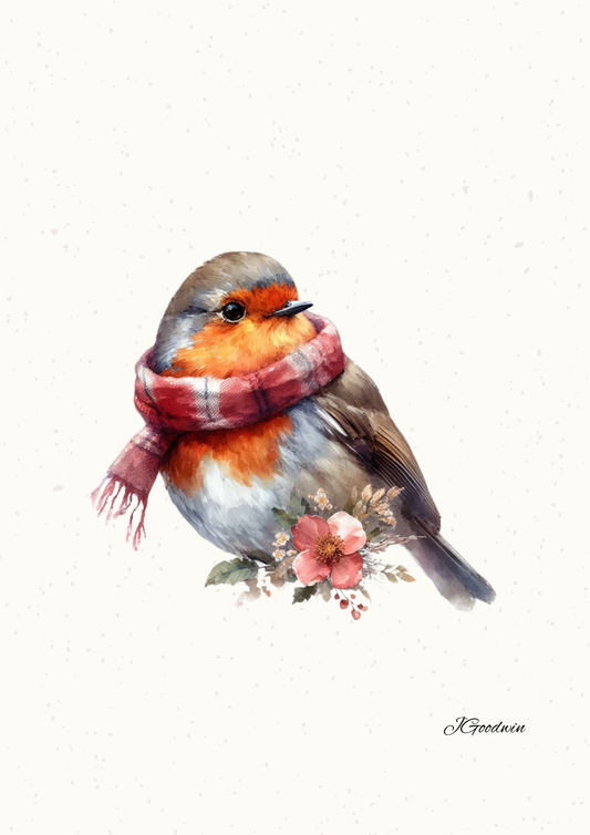 A beautiful robin wearing a winter scarf with floral elements on a white background
