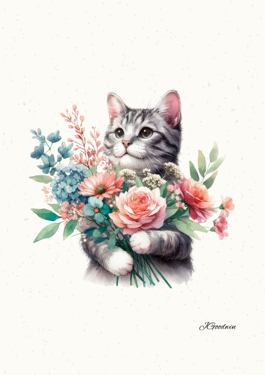 A grey cat holding a bunch of flowers on a white mottled background