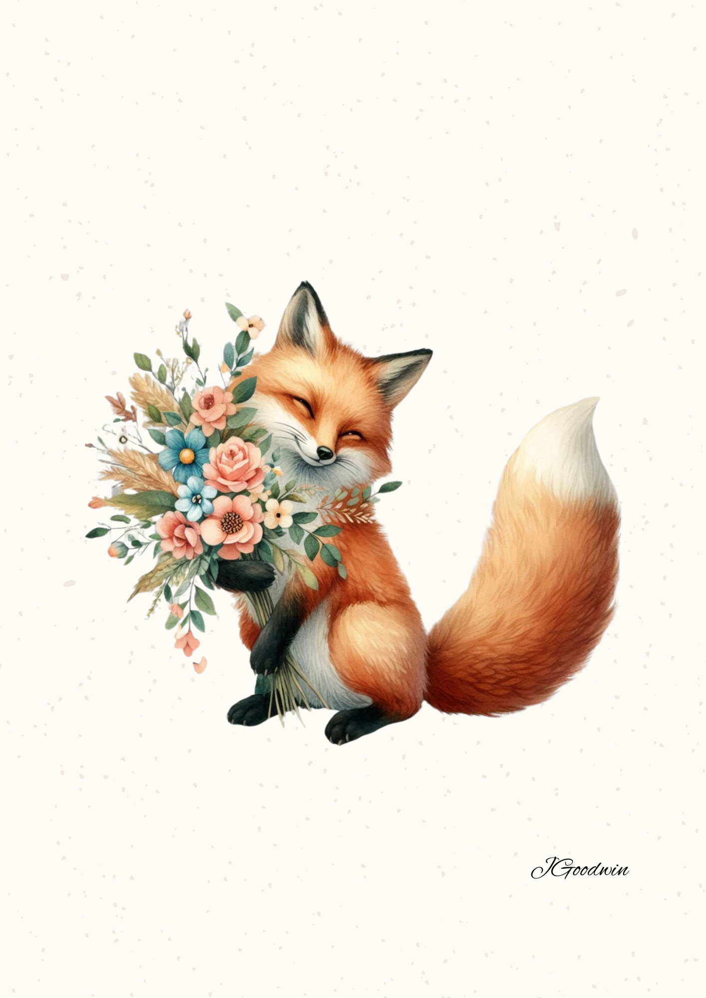 Illustration of a smiling fox holding a bouquet of flowers on a white background