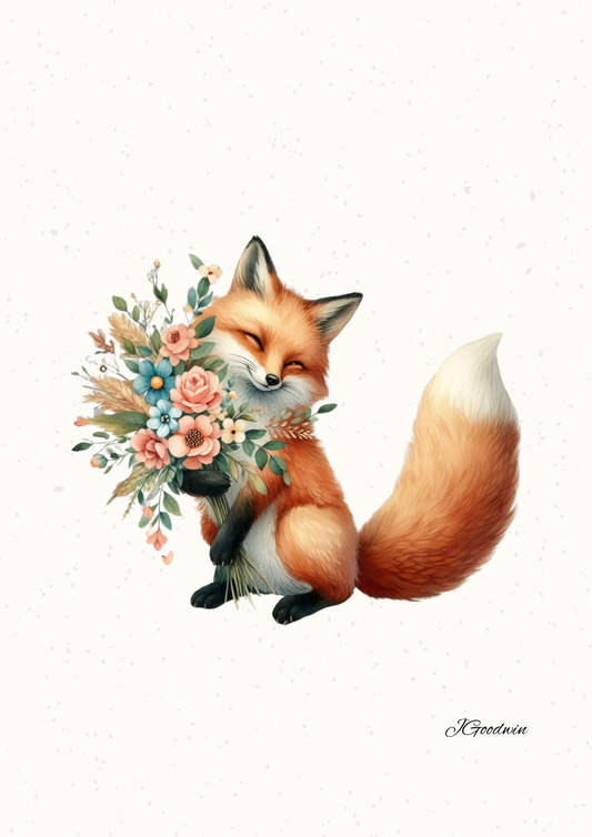 Illustration of a smiling fox holding a bouquet of flowers on a white background