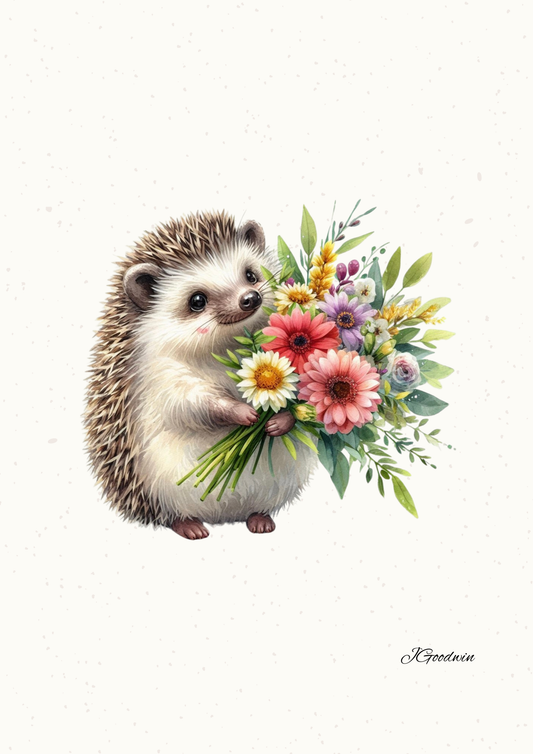 Watercolour illustration of a hedgehog holding a bouquet of flowers on a cream background