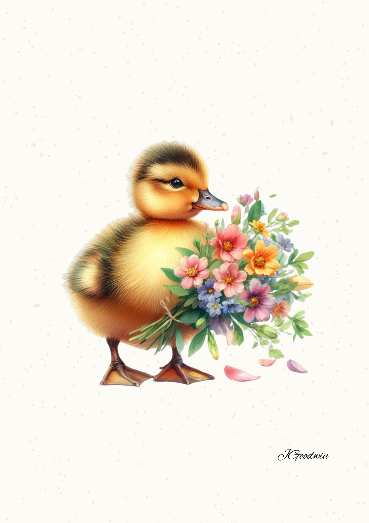 Watercolour illustration of a duckling holding a bouquet of flowers on a white mottled background