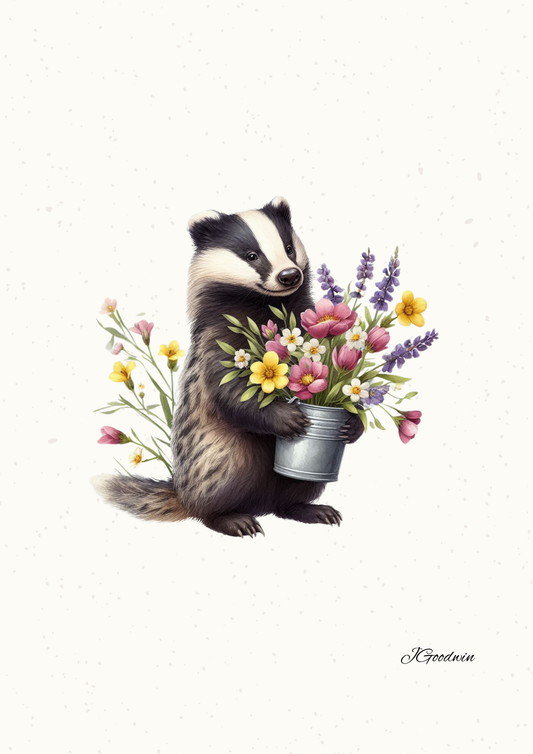 Badger with Flowers Print