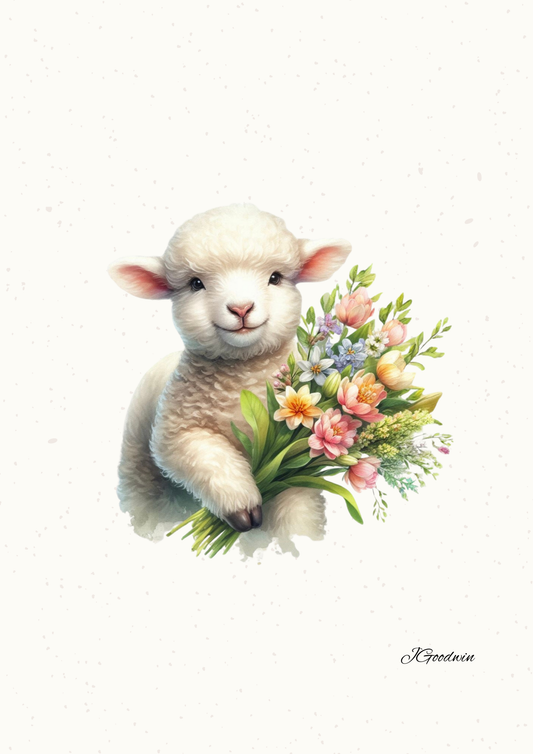 Illustration of a lamb holding a bouquet of flowers on a white background