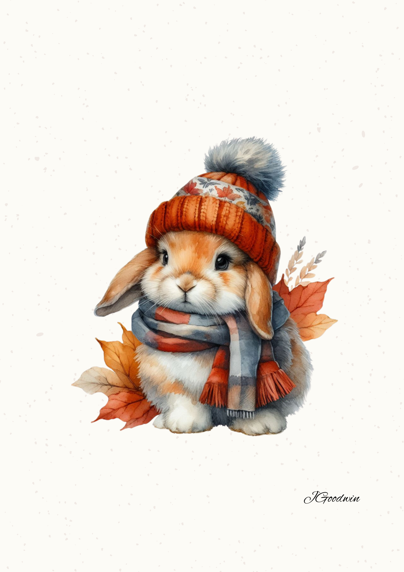A rabbit wearing a winter hat and scarf with autumn leaves on a cream mottled background