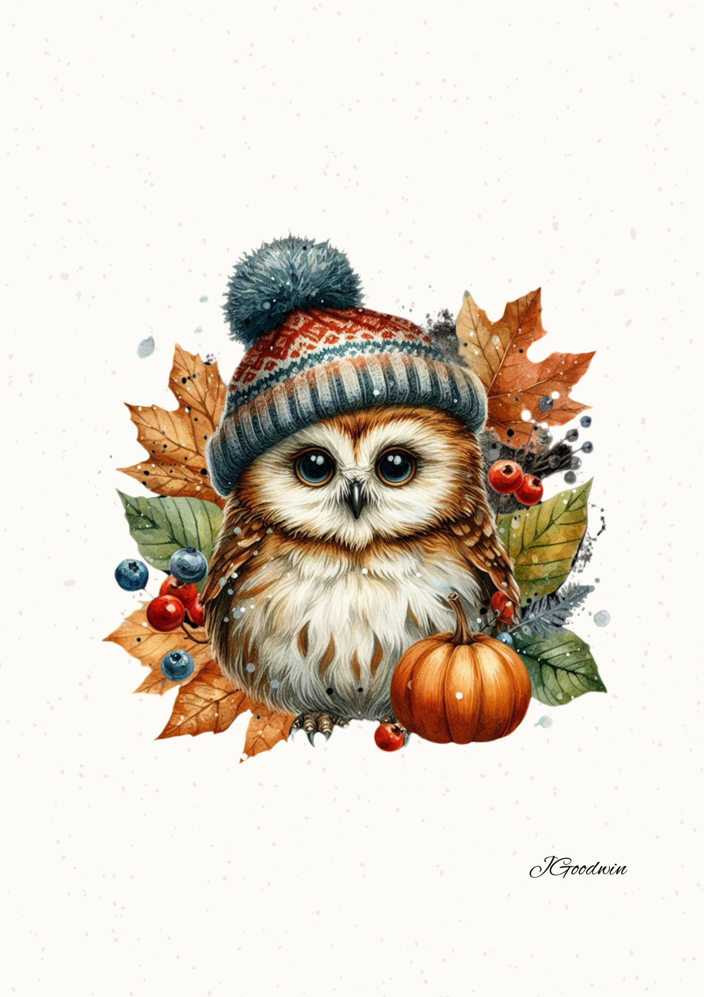 A tawny owl wearing a winter hat surrounded by autumnal leaves and a pumpkin