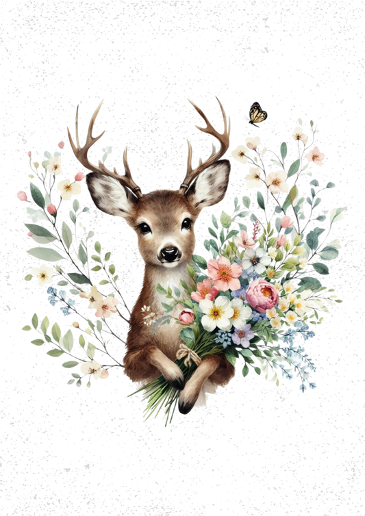 Deer with Flowers Print