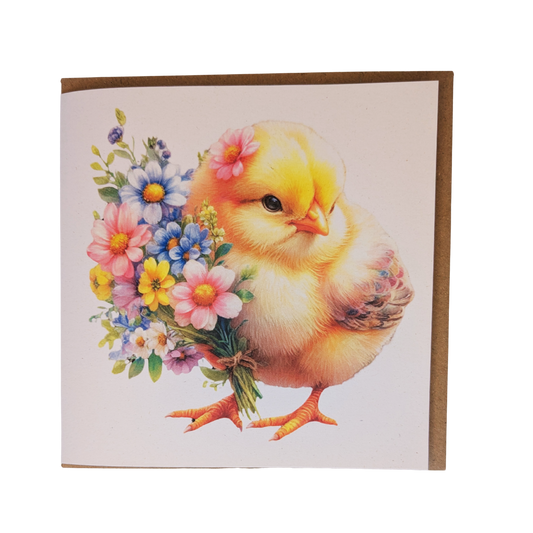 Chick with Flowers Greeting Card