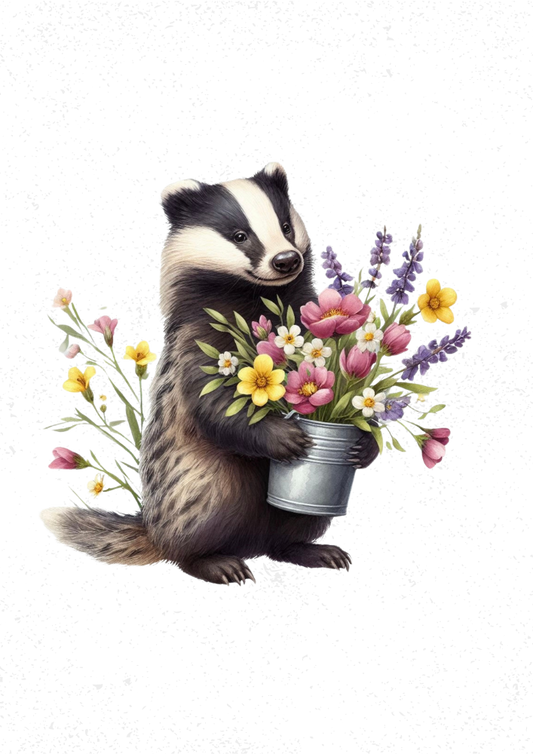 Badger with Flowers Print