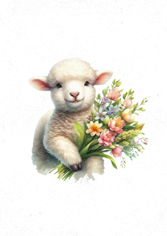 Lamb with Flowers Print