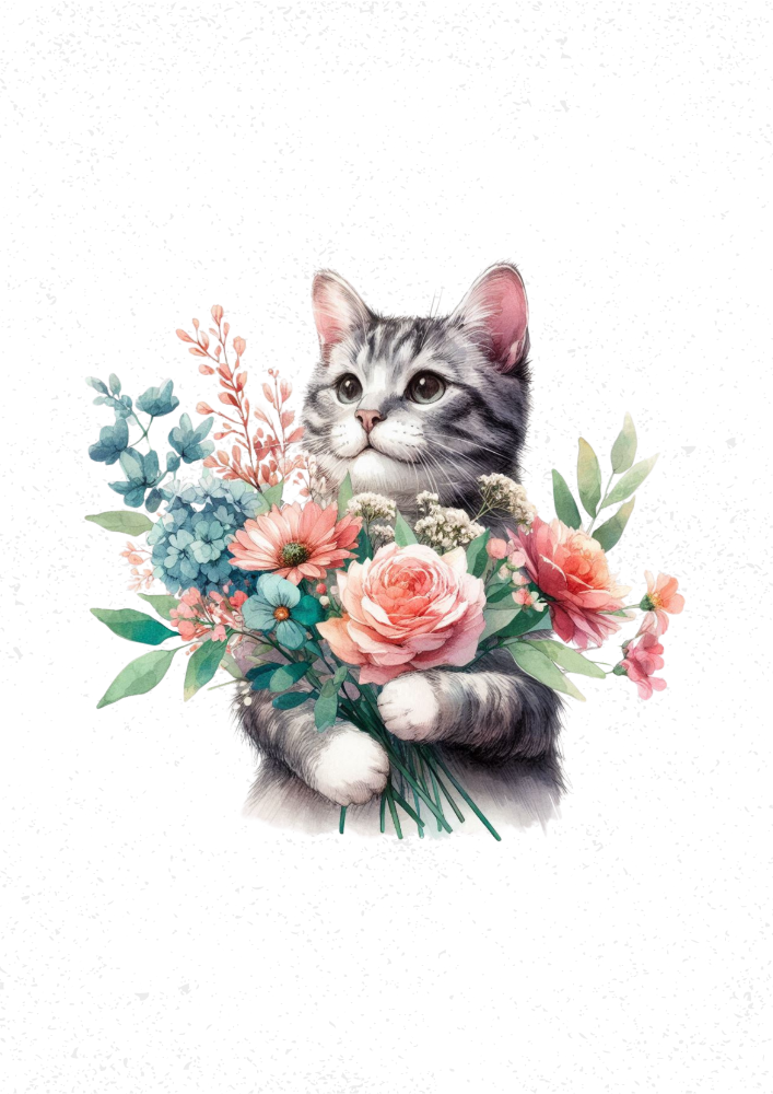 Cat with Flowers Print