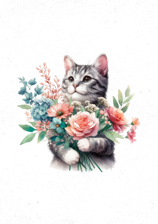 Cat with Flowers Print
