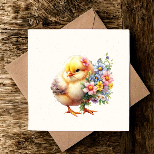 Chick with Flowers Greeting Card