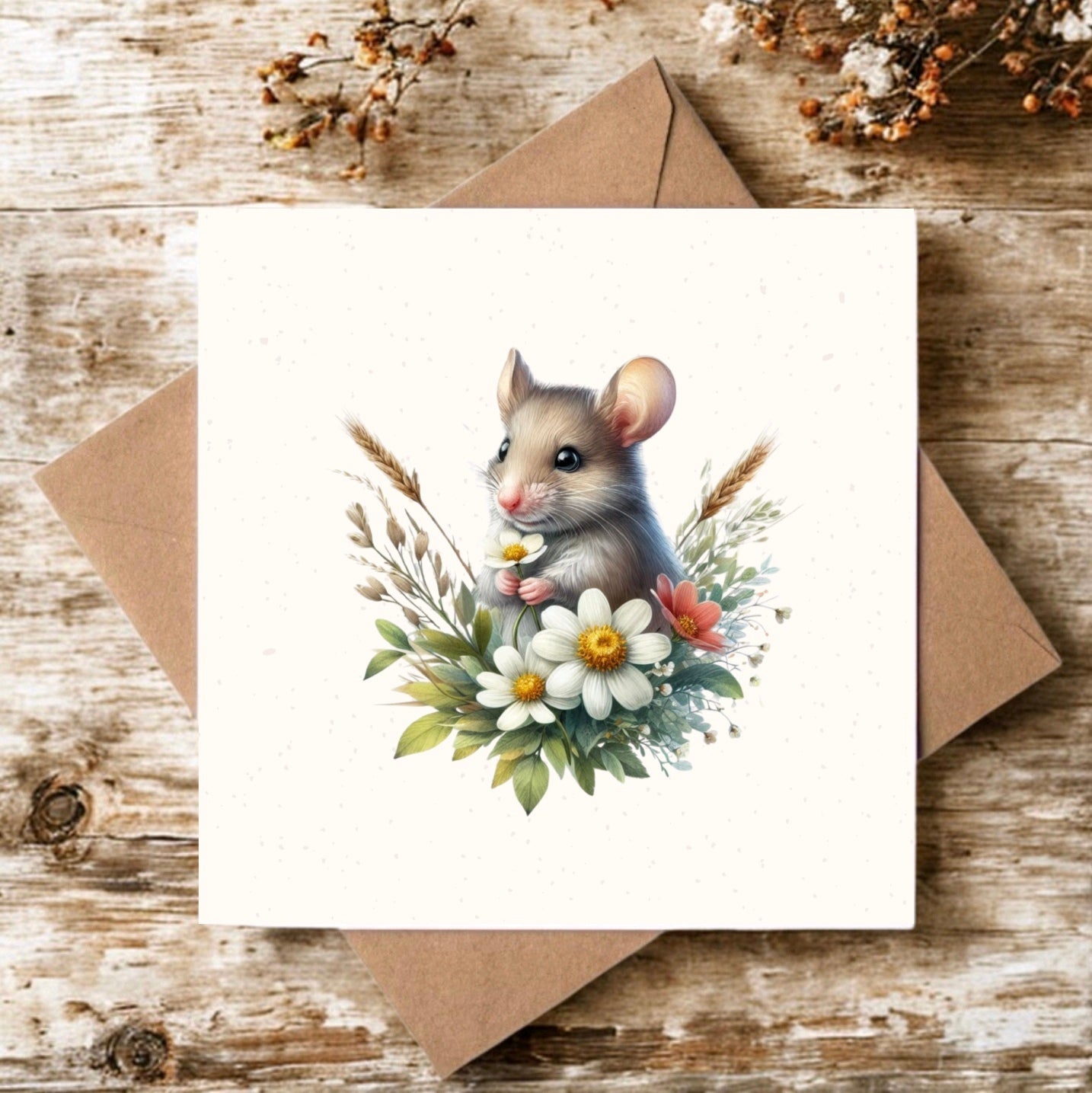 Mouse with Flowers Greeting Card